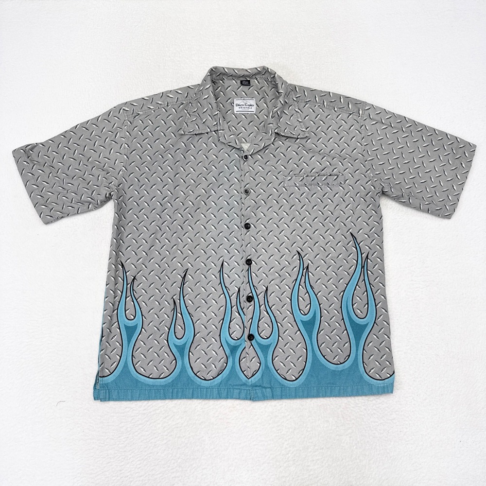 Vintage Flames Shirt Mens Size Large David Carey Diamond Plate Texture 90s Y2K